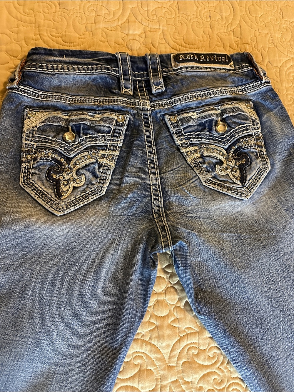 Rock Revival Women's Distressed Blue Skinny Jeans with Embellished Back Pockets